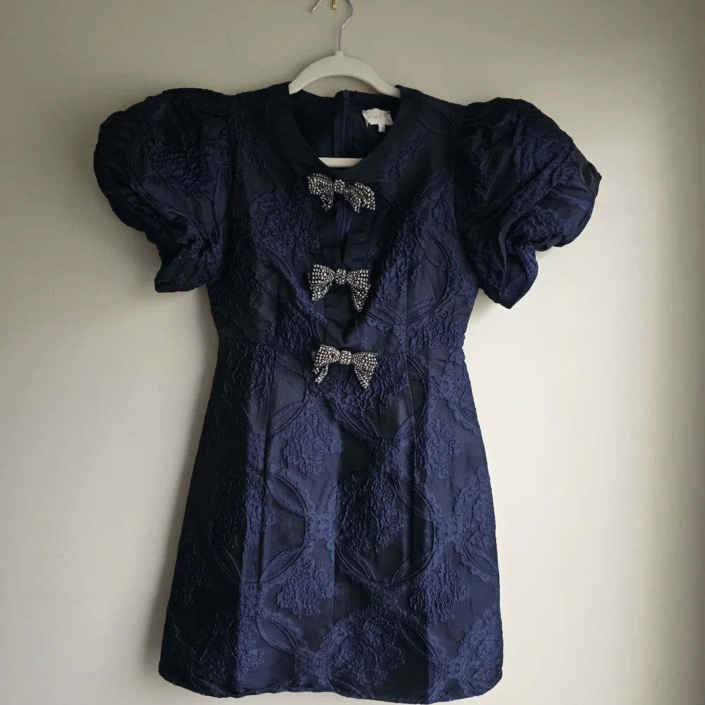 Navy Jacquard Mini Dress with Bow Accents - Picture 4 of 15